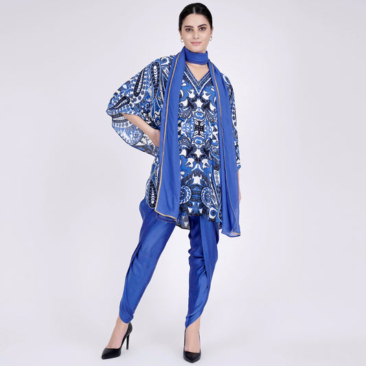 Azure Blue and White Paisley Tunic with Tulip Pants and Dupatta Set