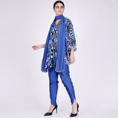 Azure Blue and White Paisley Tunic with Tulip Pants and Dupatta Set