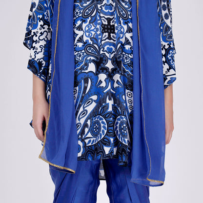 Azure Blue and White Paisley Tunic with Tulip Pants and Dupatta Set