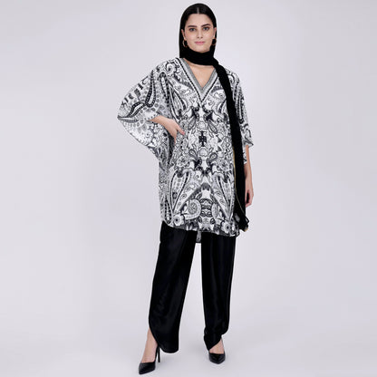 Black and White Paisley Tunic with Tulip Pants and Dupatta Set