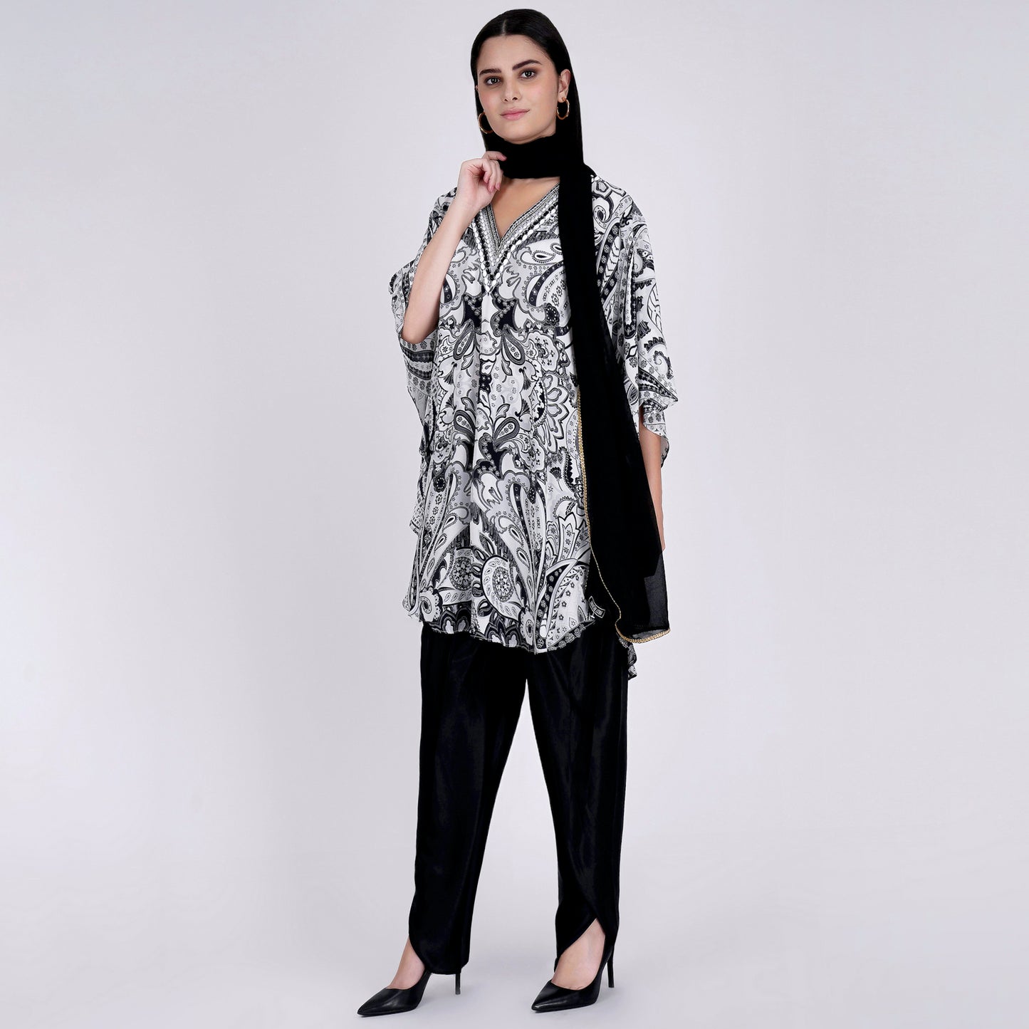 Black and White Paisley Tunic with Tulip Pants and Dupatta Set