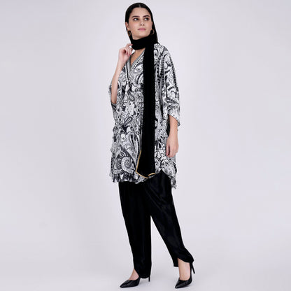 Black and White Paisley Tunic with Tulip Pants and Dupatta Set