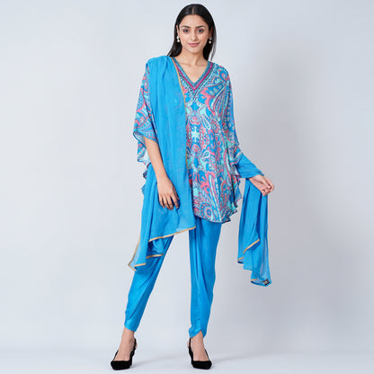 Hot Pink and Blue Paisley Tunic with Tulip Pants and Dupatta Set