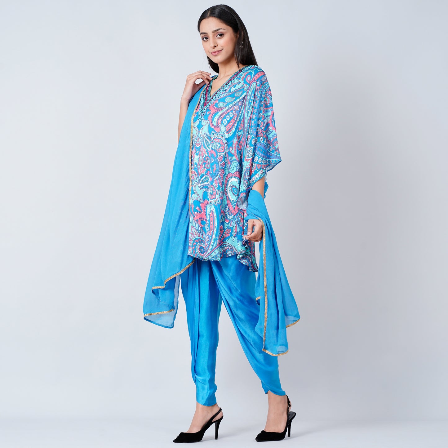 Hot Pink and Blue Paisley Tunic with Tulip Pants and Dupatta Set