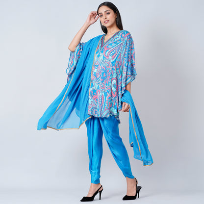 Hot Pink and Blue Paisley Tunic with Tulip Pants and Dupatta Set