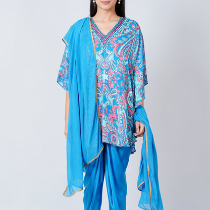 Hot Pink and Blue Paisley Tunic with Tulip Pants and Dupatta Set