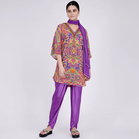 Rose Pink and Yellow Paisley Tunic with Tulip Pants and Dupatta Set