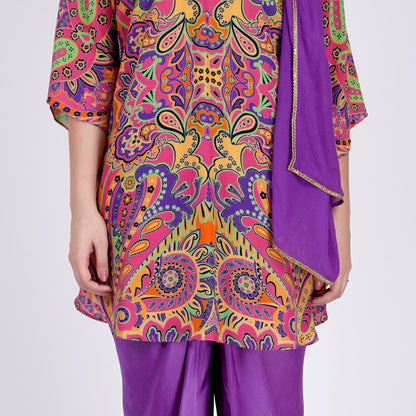 Rose Pink and Yellow Paisley Tunic with Tulip Pants and Dupatta Set