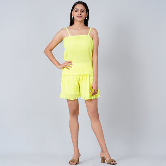 Neon Green Camisole and Pleated Shorts Set