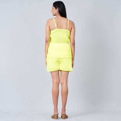 Neon Green Camisole and Pleated Shorts Set