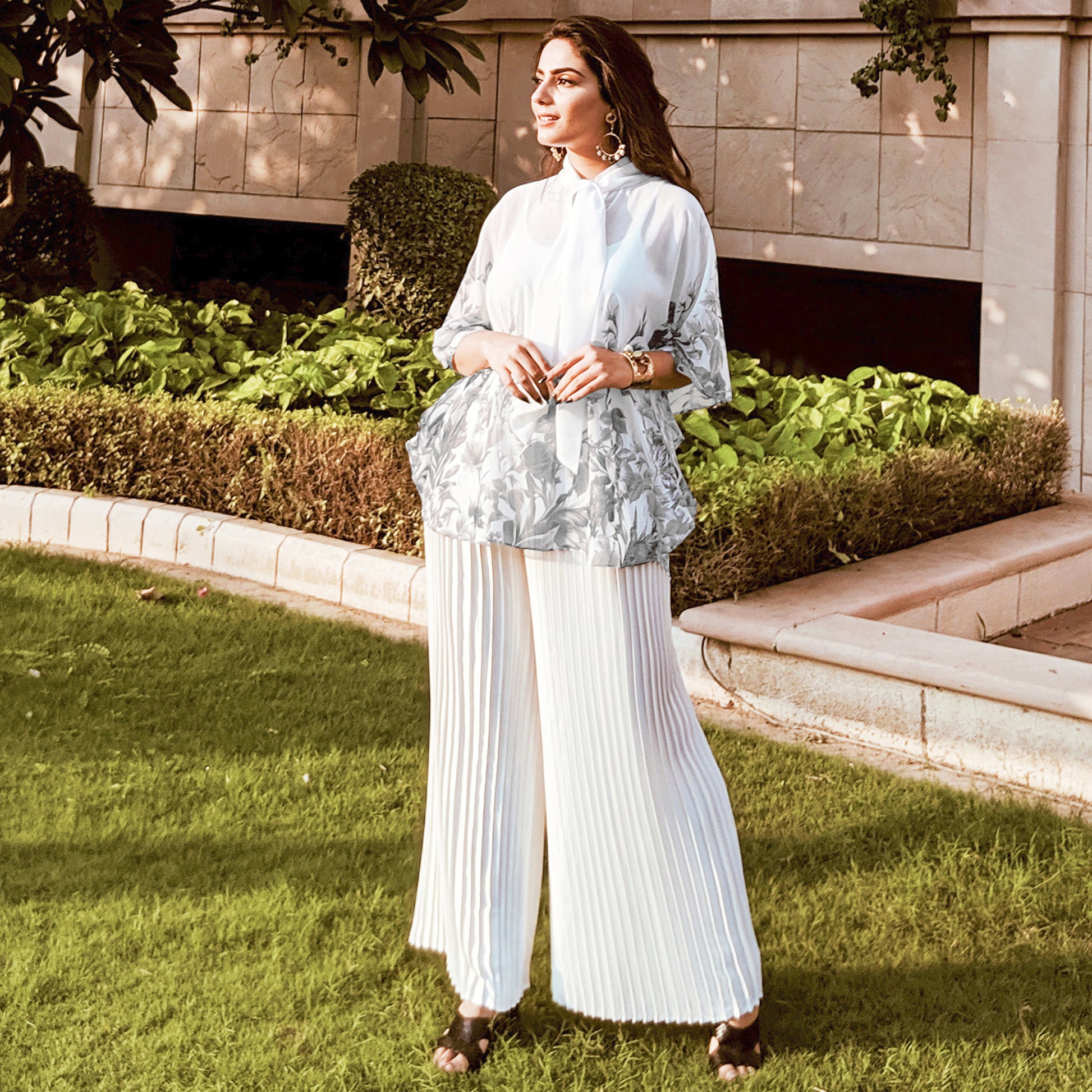 Grey Floral Top and White Pleated Palazzo Set – First Resort by Ramola  Bachchan