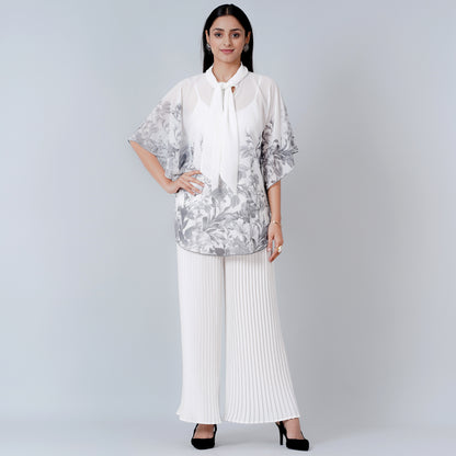 Grey Floral Top and White Pleated Palazzo Set