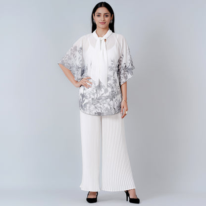 Grey Floral Top and White Pleated Palazzo Set