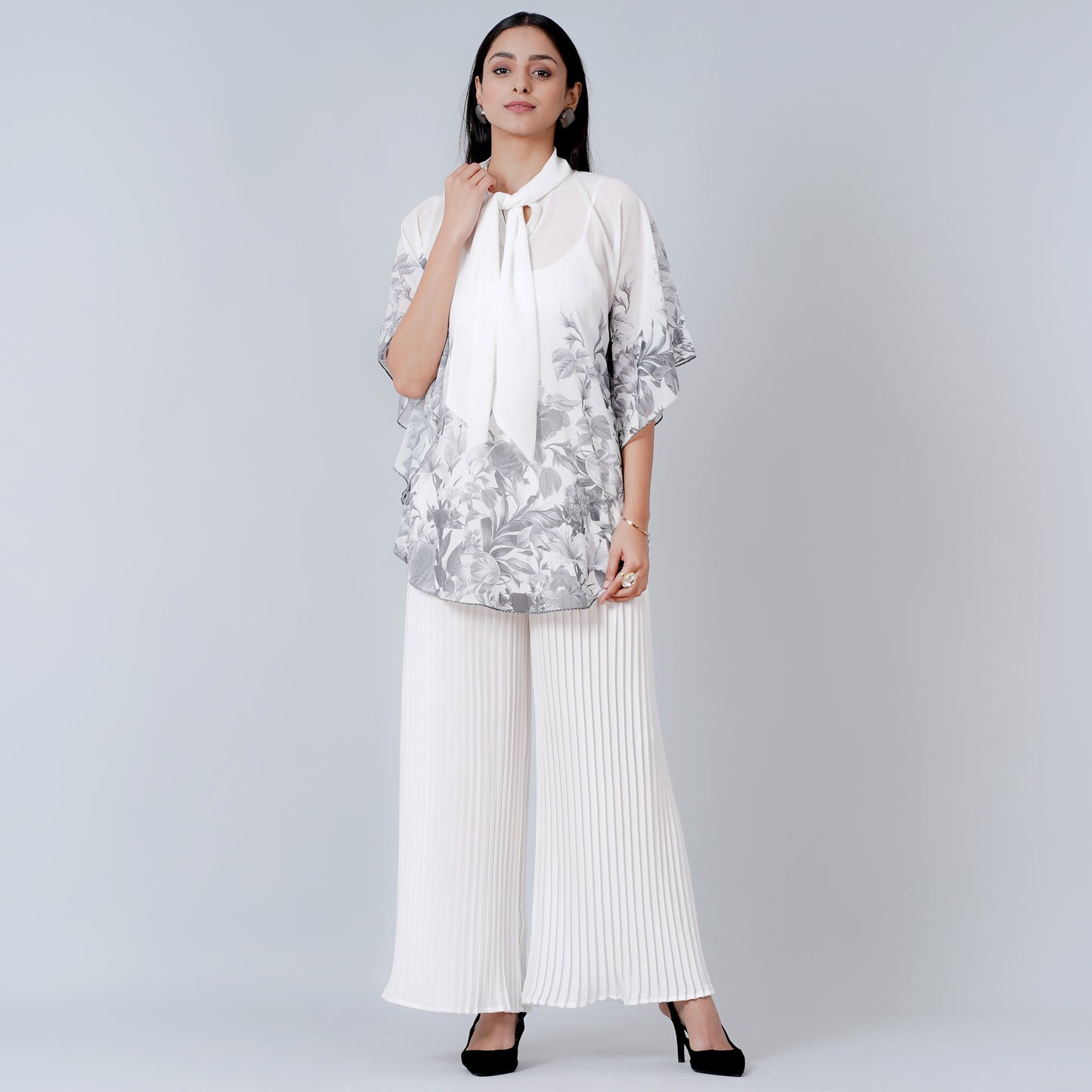 Grey Floral Top and White Pleated Palazzo Set