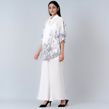 Grey Floral Top and White Pleated Palazzo Set
