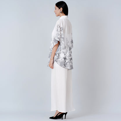 Grey Floral Top and White Pleated Palazzo Set