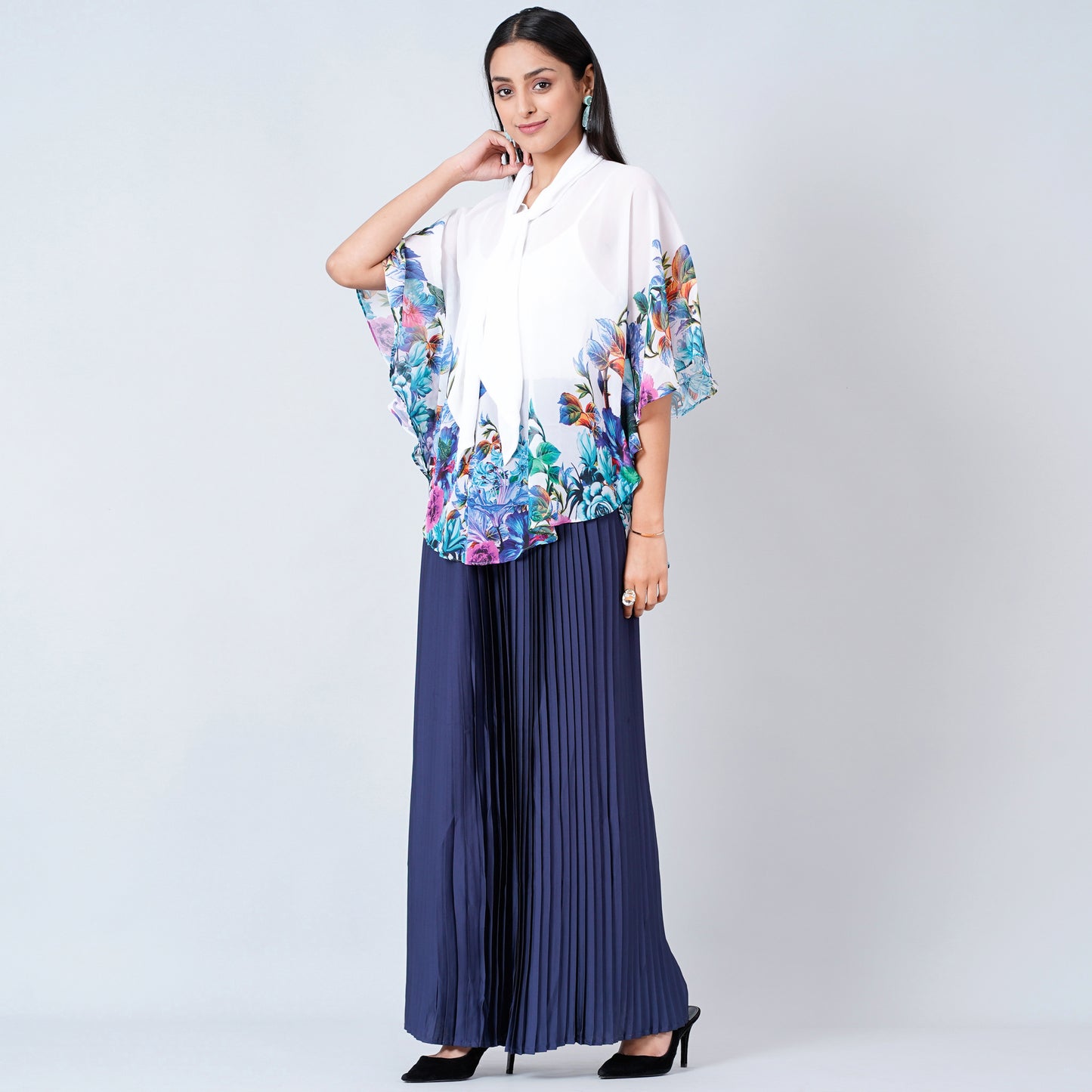 Purple and Blue Floral Top and Pleated Palazzo Set
