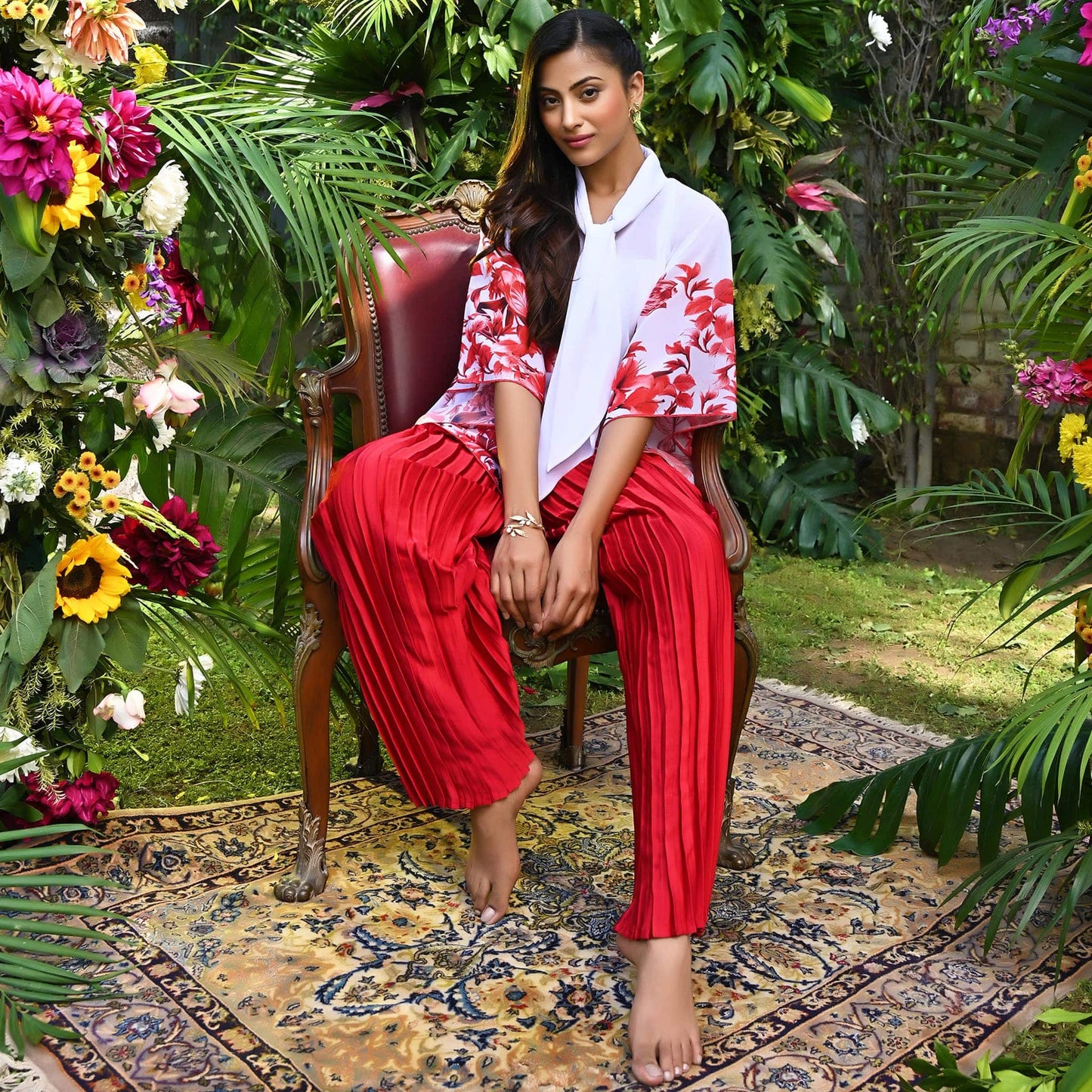 Red Floral Print Top Set for Women – Polyester Georgette – Front View | First Resort by Ramola Bachchan