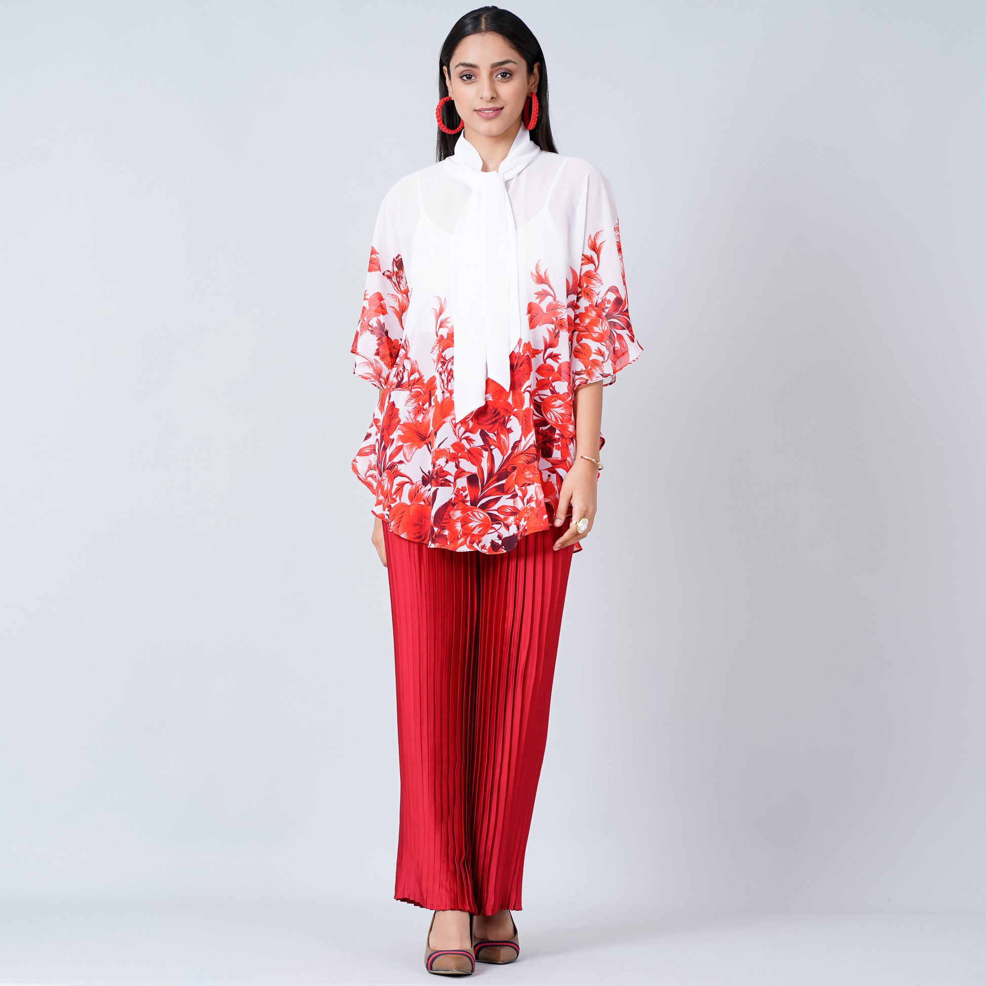 Red Floral Print Top Set for Women – Polyester Georgette | First Resort by Ramola Bachchan