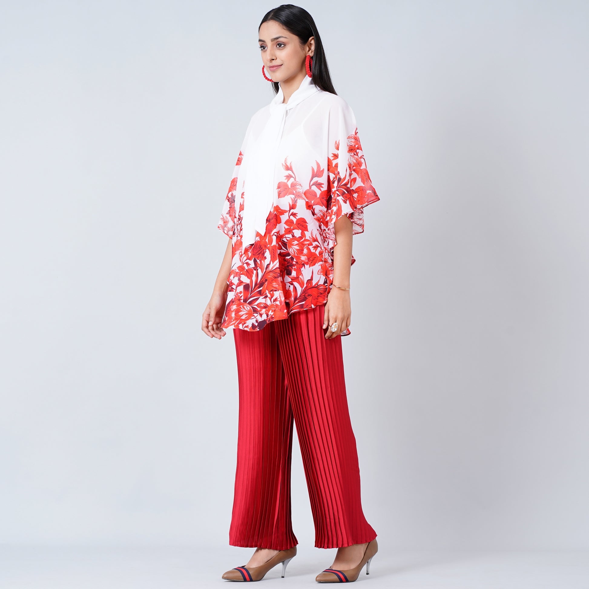 Red Floral Print Top Set for Women – Polyester Georgette – Model View | First Resort by Ramola Bachchan