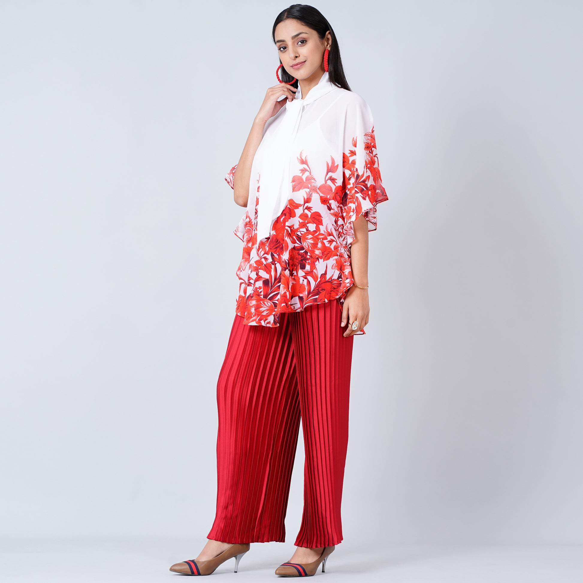 Red Floral Print Top Set for Women – Polyester Georgette – Side View | First Resort by Ramola Bachchan