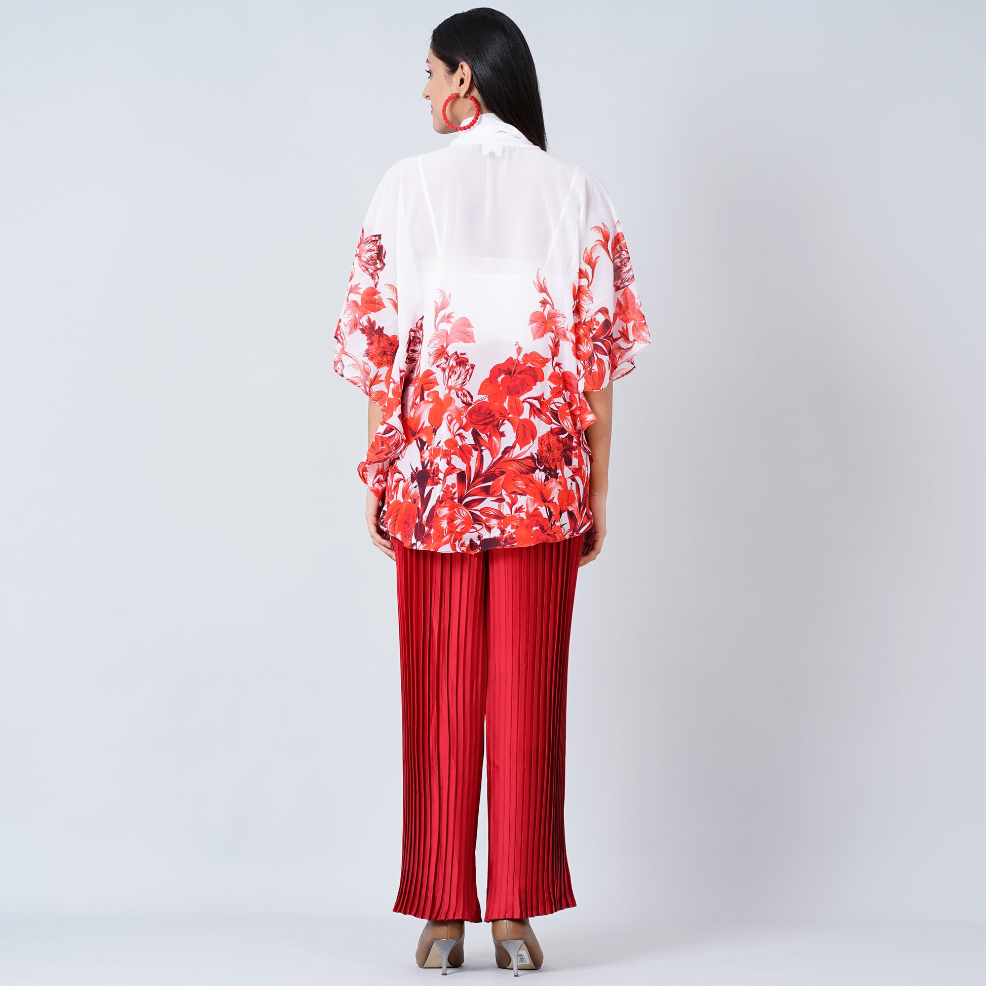 Red Floral Print Top Set for Women – Polyester Georgette – Detail View | First Resort by Ramola Bachchan