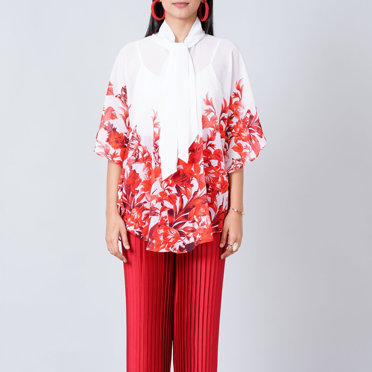 Red Floral Print Top Set for Women – Polyester Georgette – Back View | First Resort by Ramola Bachchan