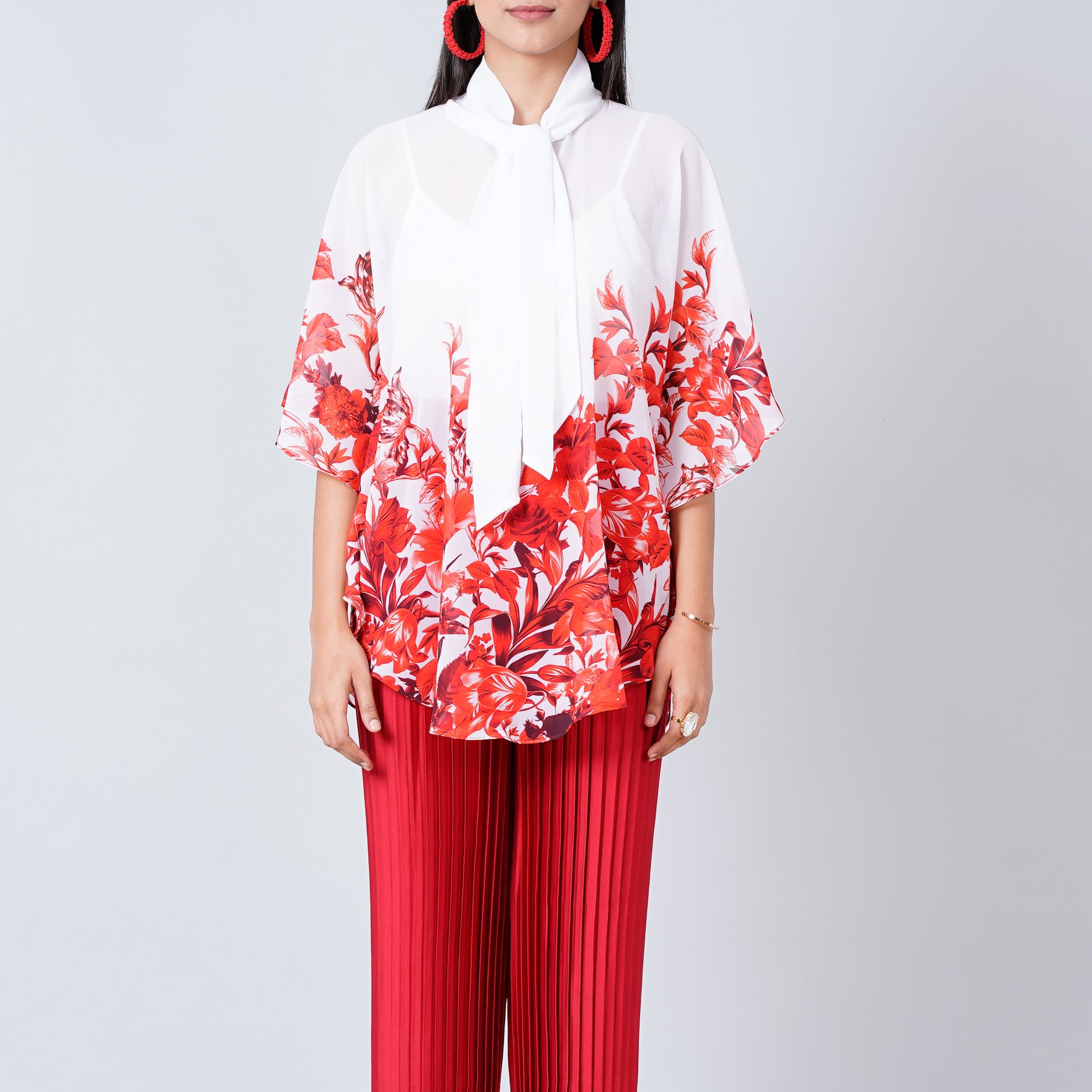 Red Floral Print Top Set for Women – Polyester Georgette – Back View | First Resort by Ramola Bachchan