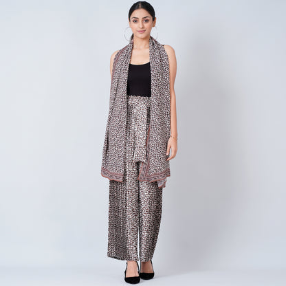 Brown Leopard Print Pleated Palazzo and Stole Set