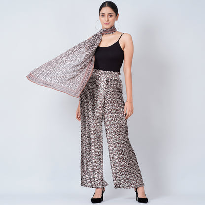 Brown Leopard Print Pleated Palazzo and Stole Set