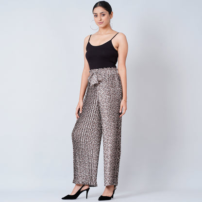 Brown Leopard Print Pleated Palazzo and Stole Set