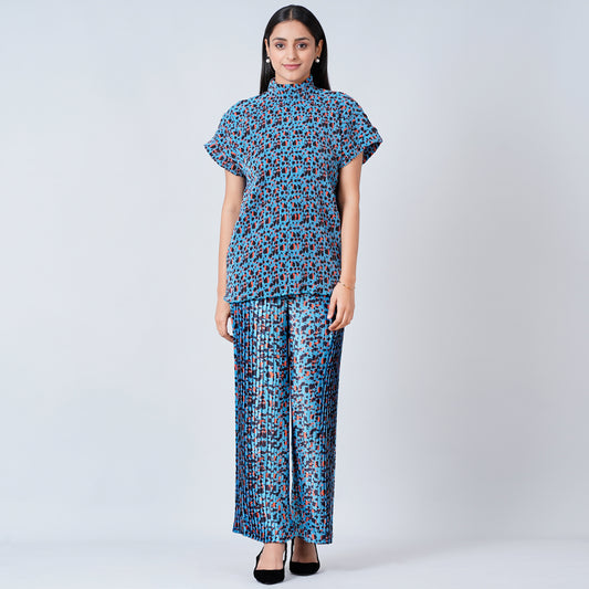 Blue Animal Print Top and Knife Pleated Palazzo Set