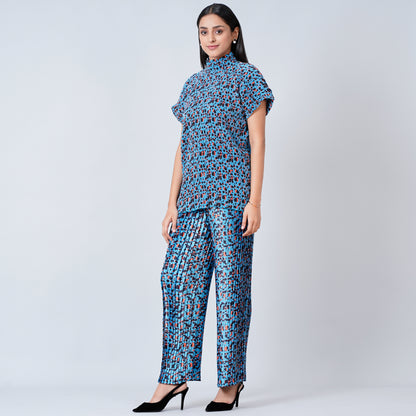 Blue Animal Print Top and Knife Pleated Palazzo Set