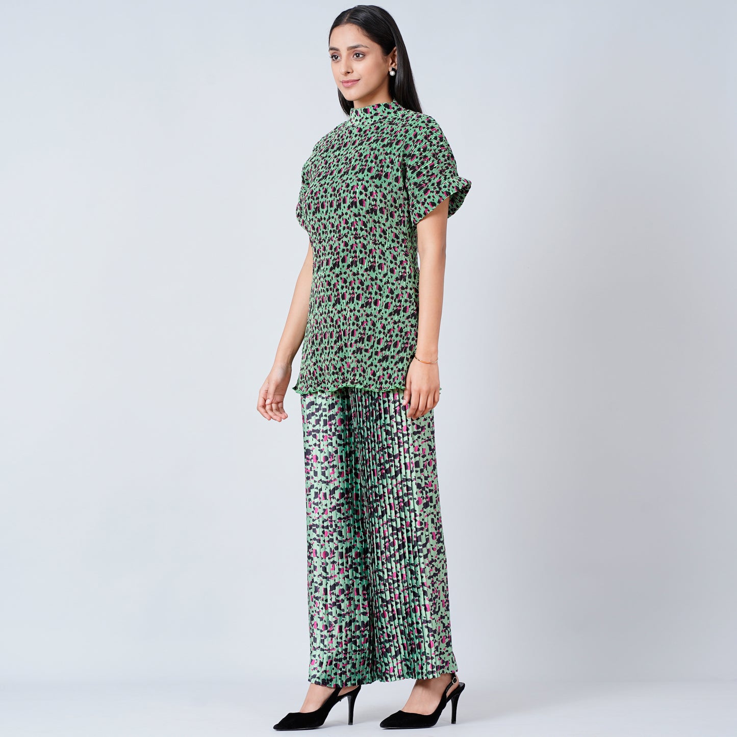 Green Animal Print Top and Knife Pleated Palazzo Set