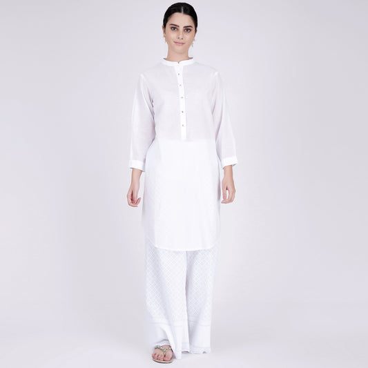 White Nehru Collar Kurta and Embroidered Pants Set