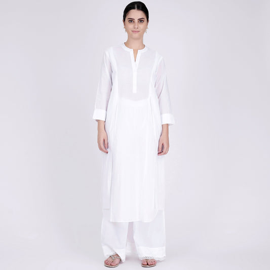 White Straight Embroidered Kurta and Wide Leg Pants Set