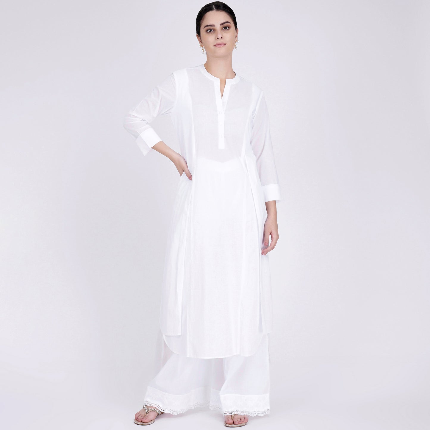 White Straight Embroidered Kurta and Wide Leg Pants Set