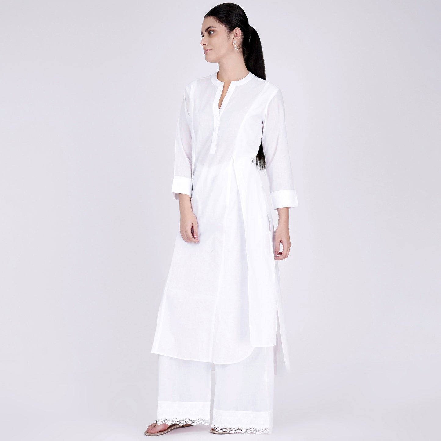White Straight Embroidered Kurta and Wide Leg Pants Set