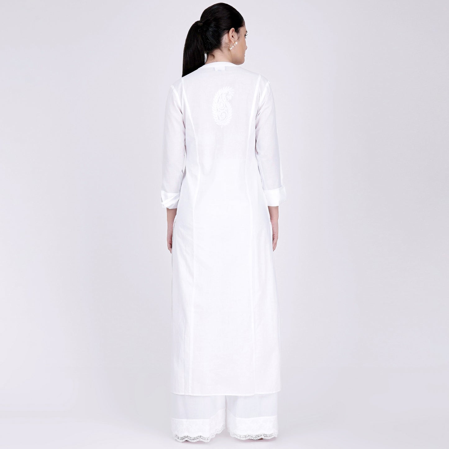 White Straight Embroidered Kurta and Wide Leg Pants Set