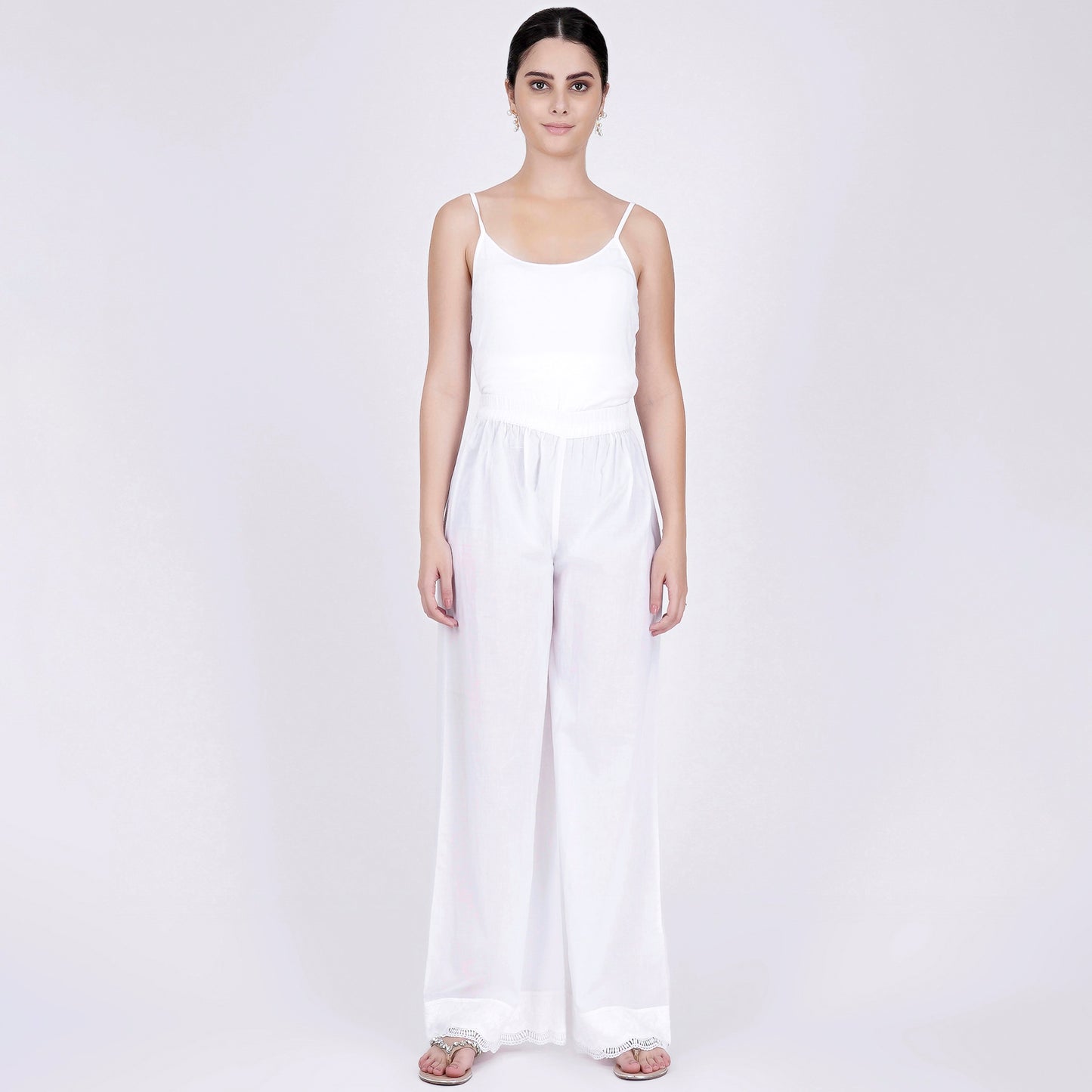 White Straight Embroidered Kurta and Wide Leg Pants Set