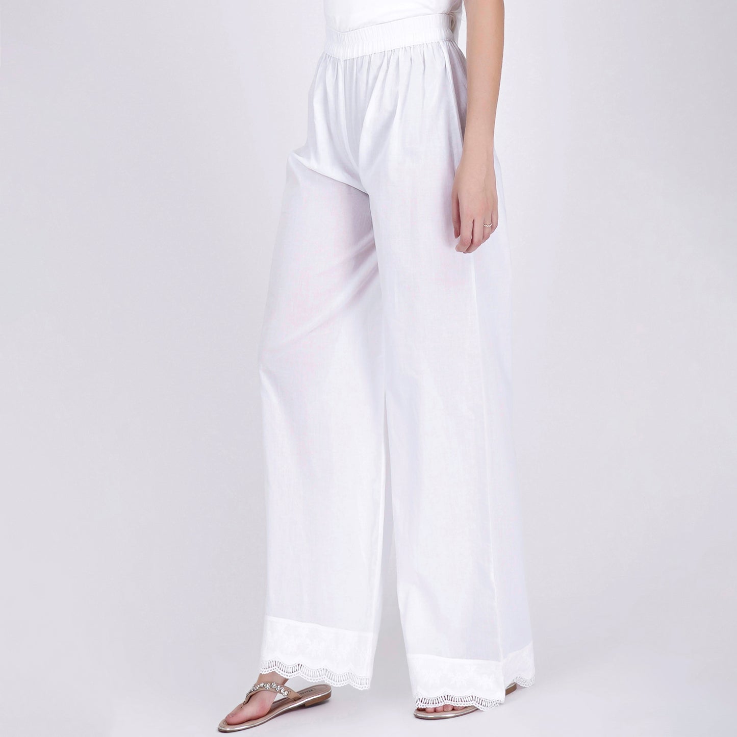 White Straight Embroidered Kurta and Wide Leg Pants Set