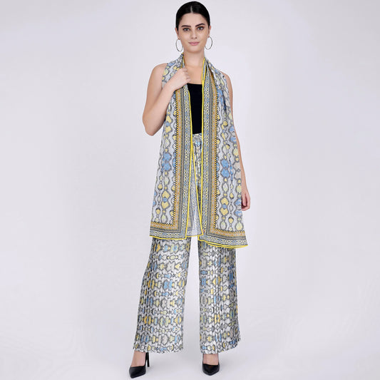 Yellow Geometric Pleated Palazzo and Stole Set