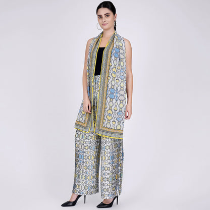 Yellow Geometric Pleated Palazzo and Stole Set