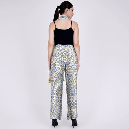 Yellow Geometric Pleated Palazzo and Stole Set