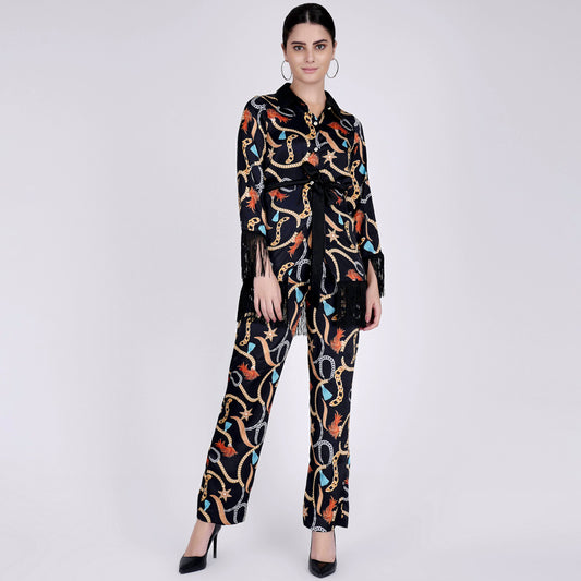 Black Chain Print Shirt and Palazzo Pants Set