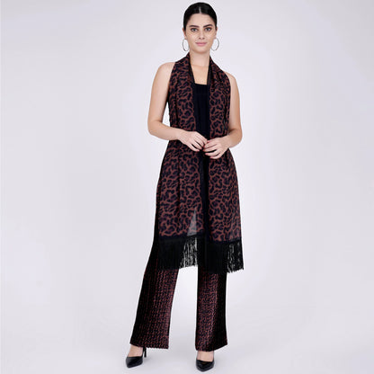 Brown Animal Print Pleated Palazzo and Stole Set