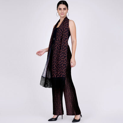 Brown Animal Print Pleated Palazzo and Stole Set