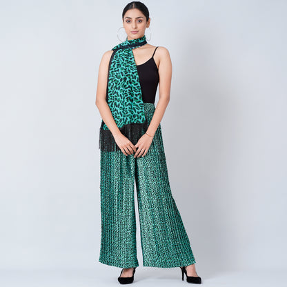 Green Animal Print Pleated Palazzo and Stole Set