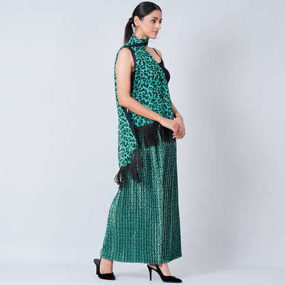 Green Animal Print Pleated Palazzo and Stole Set