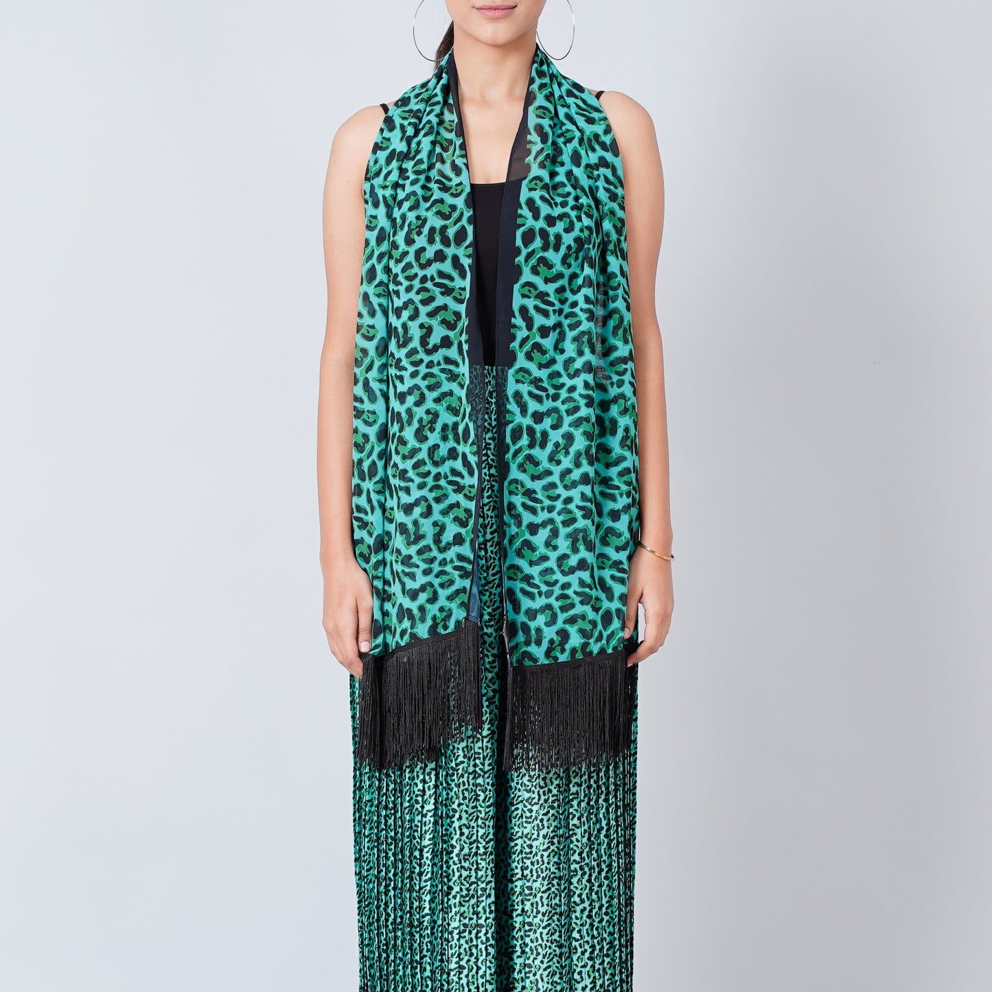 Green Animal Print Pleated Palazzo and Stole Set